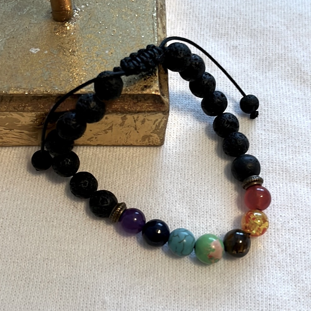 Lava Rock Adjustable slide Chakra Color Bead Bracelet - Picture 1 of 5